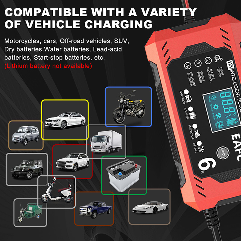 車とオートバイのバッテリー充電器,鉛蓄電池,スマート修理,液晶画面,6a,12v