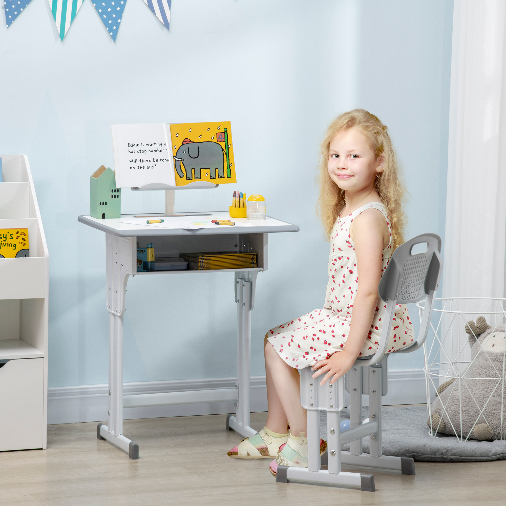 Homcom Juego De Escritorio Y Silla Para Niños Ajustable 60X45X90-102 Cm Gris