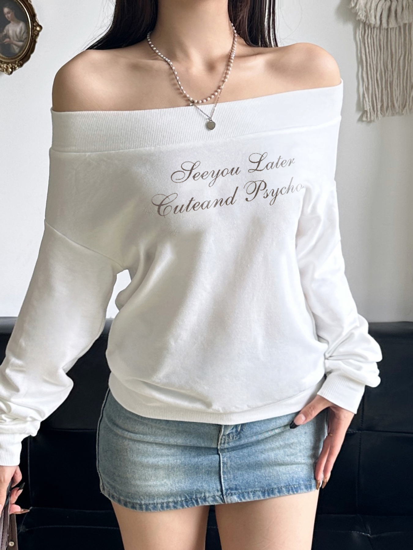 Weekeep Casual Off-schulter Hoodies Weiß Langarm Slash Neck Sweatshirt Y2k Brief Drucken Lose Frauen Kleidung Herbst Damen