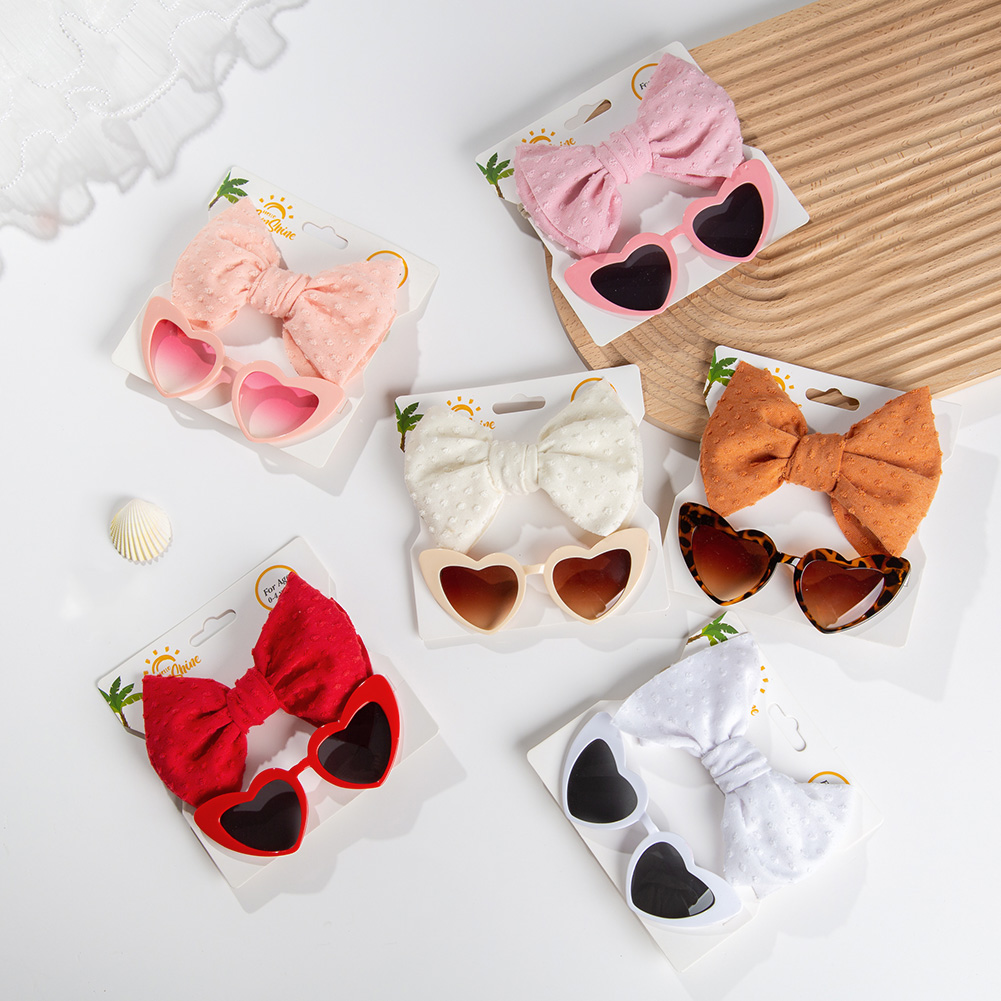 2 uds/tarjeta Retro forma de corazón gafas de sol y diademas para bebé conjunto de bandas para el cabello de nailon de puntos suizos gafas de sol para niños diademas con lazo grande