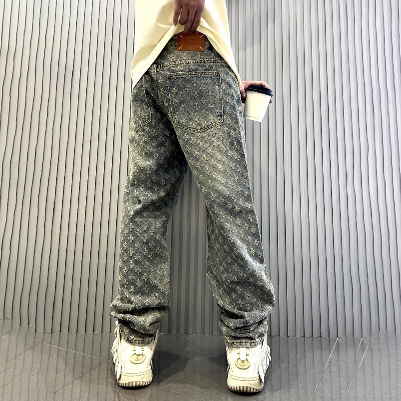 Calças jeans com padrão Jacquard para homens, calça comprida masculina reta, jeans largos angustiados
