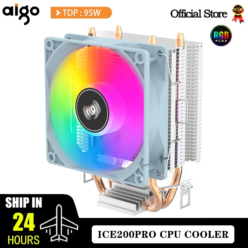 Aigo-cpu refrigerador ice200pro, 2 heatpipes, ventilador pwm de 3 pinos, silencioso, para intel 11x, 1200, 1700, am4, am5, amd