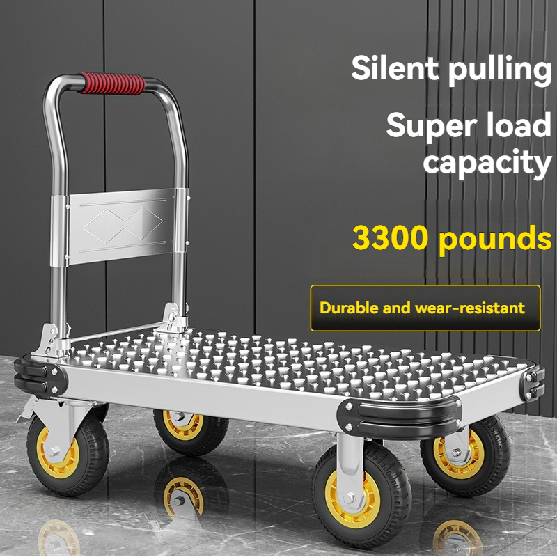 A foldable handcart capable of supporting a load of 1650kg or 3600 pounds, made of steel plate material, with silent wheels