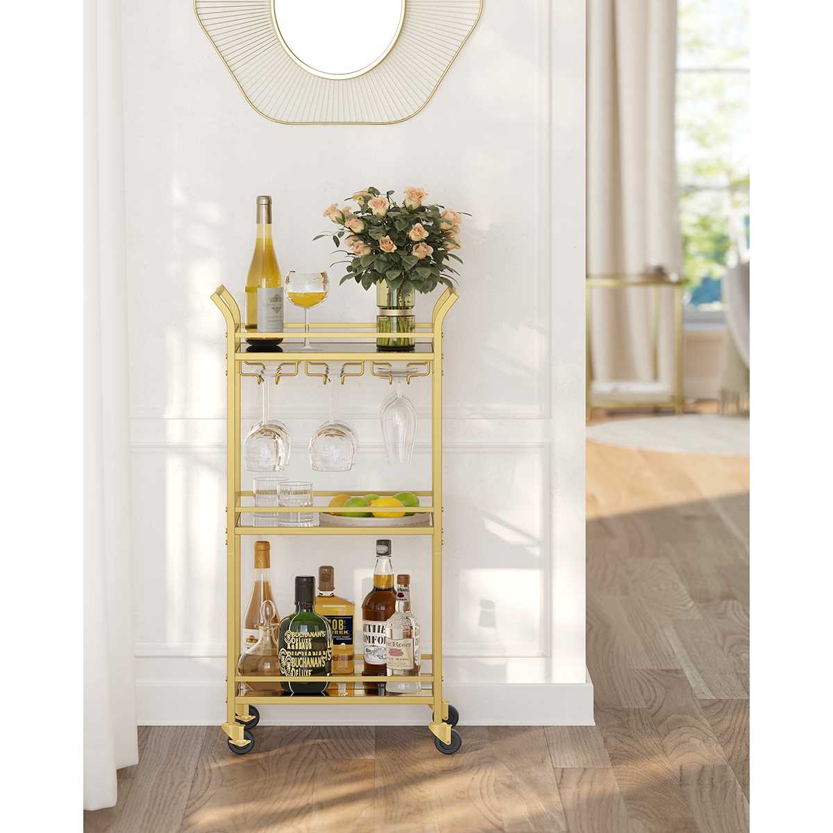 VASAGLE 3-Tier Drinks Trolley, Gold Bar Cart on Wheels, with Handles, Mirrored Glass Shelves, Serving Trolley for Small Spaces
