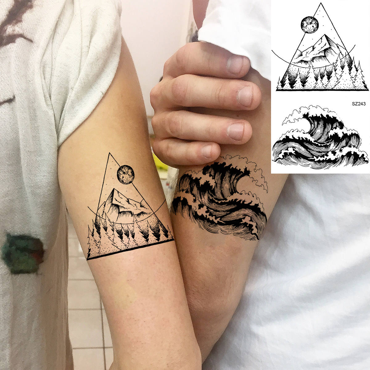 18 Sheets Geometry Mountain Temporary Tattoos For Men Women Adults Fake Waves Tattoo Sticker Black 3D Pine Tree Tatoos Triangle