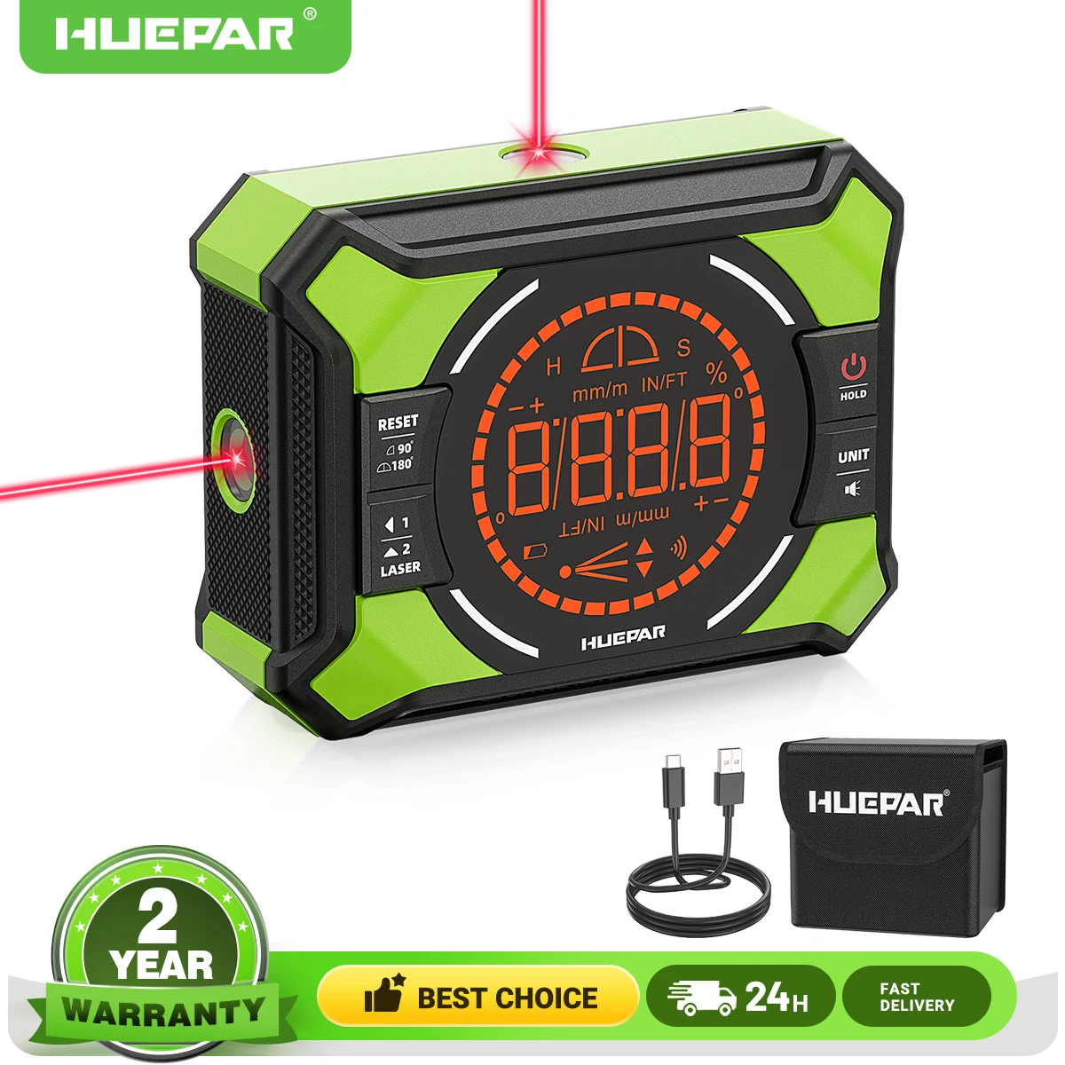 Huepar-medidor de ángulo láser Digital, buscador de ángulo transportador electrónico con pantalla LCD y inclinómetro magnético, punto láser