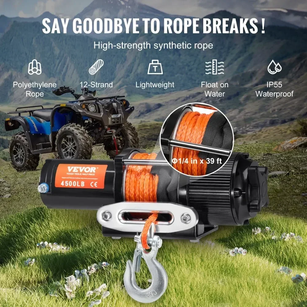 Guincho elétrico VEVOR ATV/UTV Guincho com capacidade de tração de linha de 4500 lb, 12V DC com controle remoto com fio, IWaterproof para UTV ATV