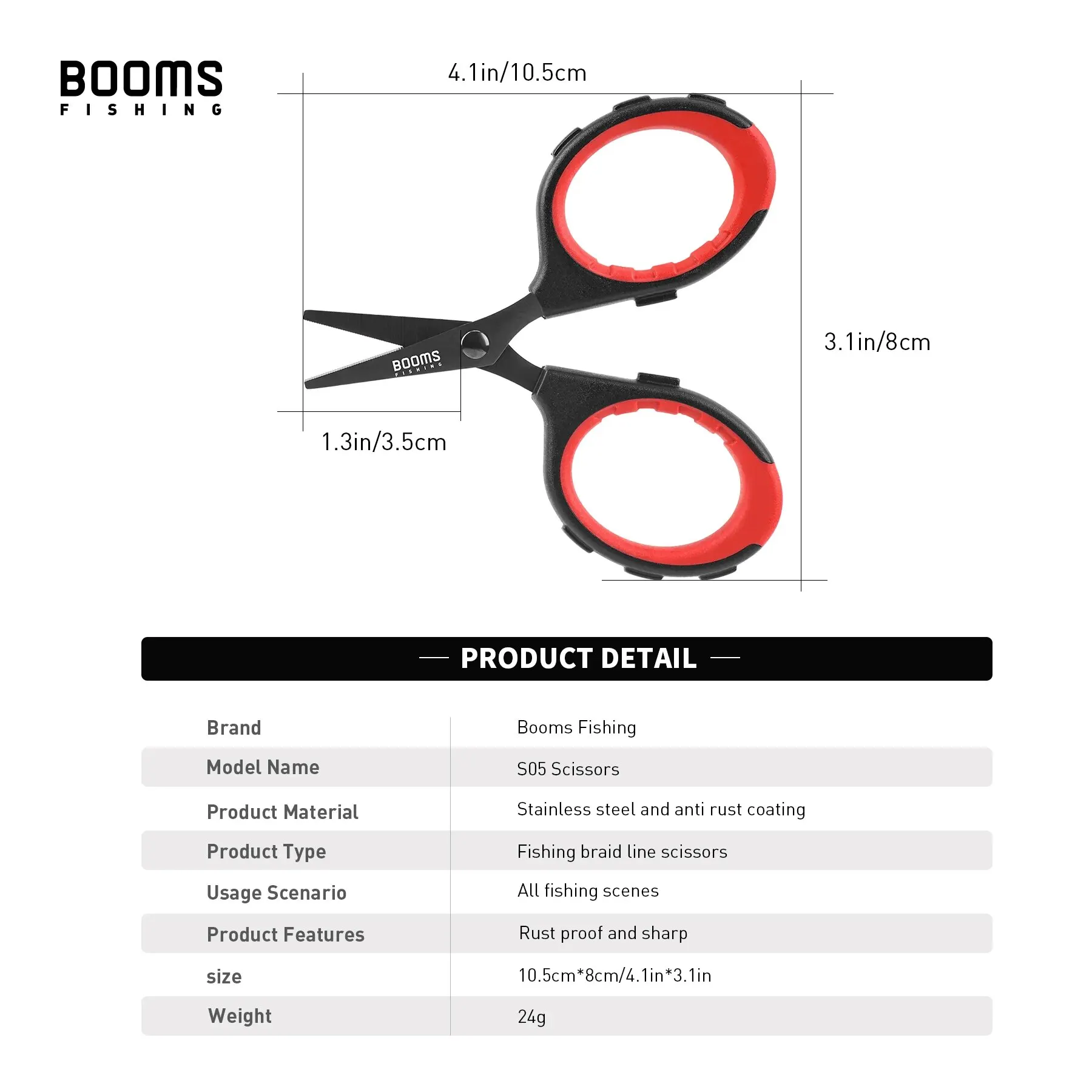Booms Fishing-S05 Braid Wire Scissors, Aço Inoxidável, Revestimento de Titânio, Antiferrugem, Anti-Slip Handle, Sharp Fish Line Cutter Tools