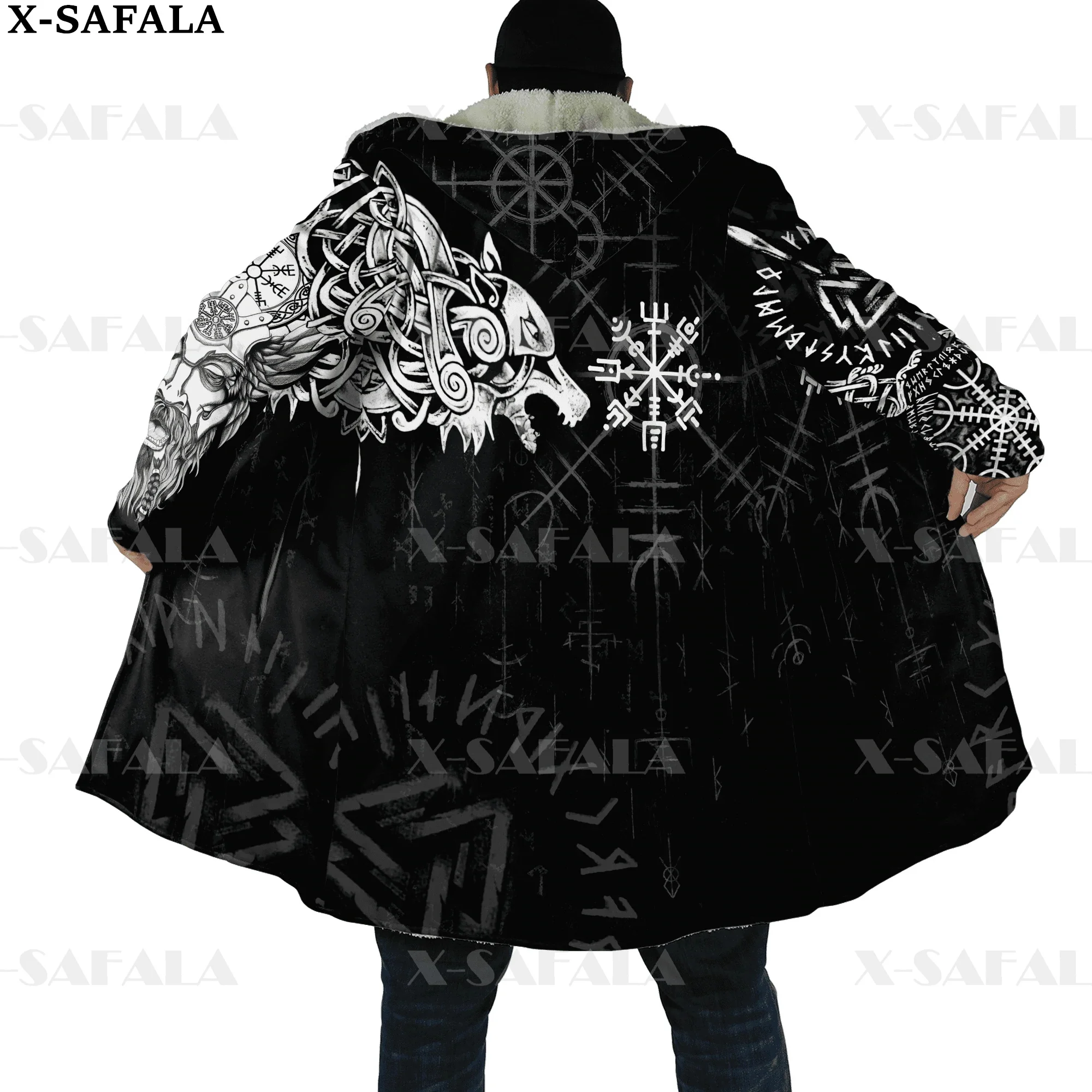 ไวกิ้ง Odin Tattoo Vegvisir Rune Raven หนา Hooded เสื้อกันหนาวผู้ชาย Windproof Fleece Cape Robe Hooded ผ้าห่ม-3