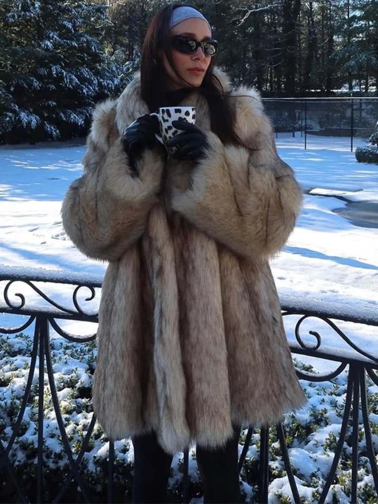 Mode Effen Revers Pluizige Vossenbontjas Dames Elegant Lange Mouw Oversized Gradiënt Jack Winter Dikke Warme Dame Harige Overjas