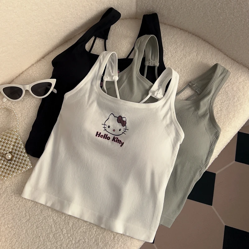 Sanrio HelloKitty-Top corto con almohadilla para el pecho para niña, Top corto fresco de verano, Top Sexy blanco con tirantes, ropa de moda Y2K, regalo para niña