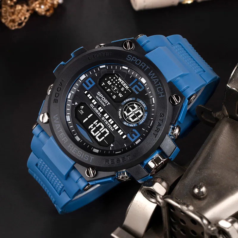 Męski sportowy cyfrowy duży zegarek Luminous wodoodporny budzik wielofunkcyjny elektroniczny chronograf wielofunkcyjny zegarek