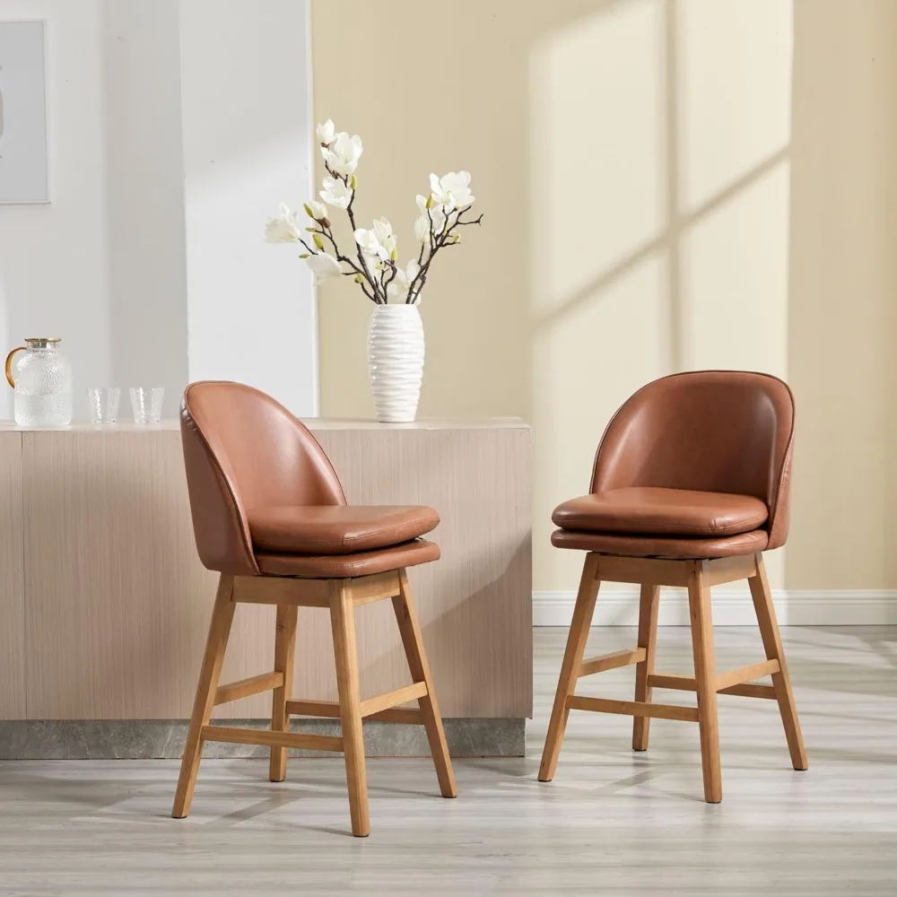 Counter Height Bar Stools Set of 2, Faux Leather Fabric Upholstered Swivel Barstools with Solid Wood Legs & Double-Padded Seat