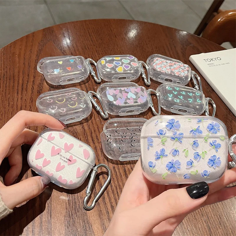 Funda rosa con forma de corazón y flores para Apple AirPods Pro 2. ° Bling Glitter, funda protectora para auriculares inalámbricos para Airpods 1, 2, 3, 4, caja de carga