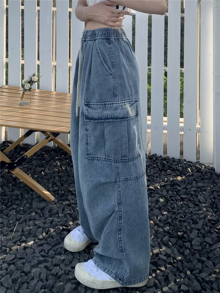 Vaqueros de pierna recta de estilo Retro para mujer, diseño de nicho, pantalones de pierna ancha sueltos y con múltiples bolsillos para pantalones vaqueros de mujer