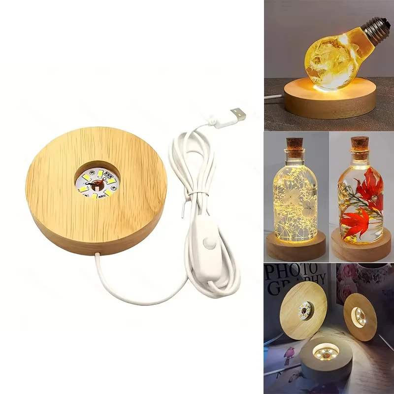 Luci decorative da tavolo in legno Base luminosa Luce notturna Display USB a LED in legno Espositore Portalampada Lampada Ornamento artistico