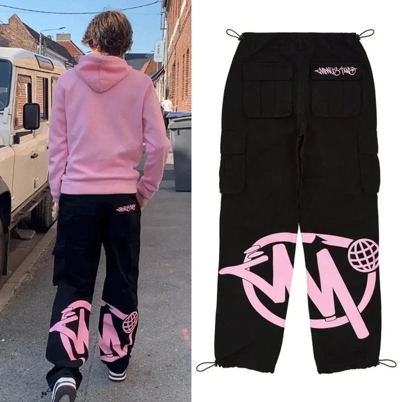 Minustwo-Pantalones largos con múltiples bolsillos para hombre y mujer, pantalones Cargo con logotipo rosa, ropa de moda Y2k, gimnasio, baloncesto, estilo Y2k
