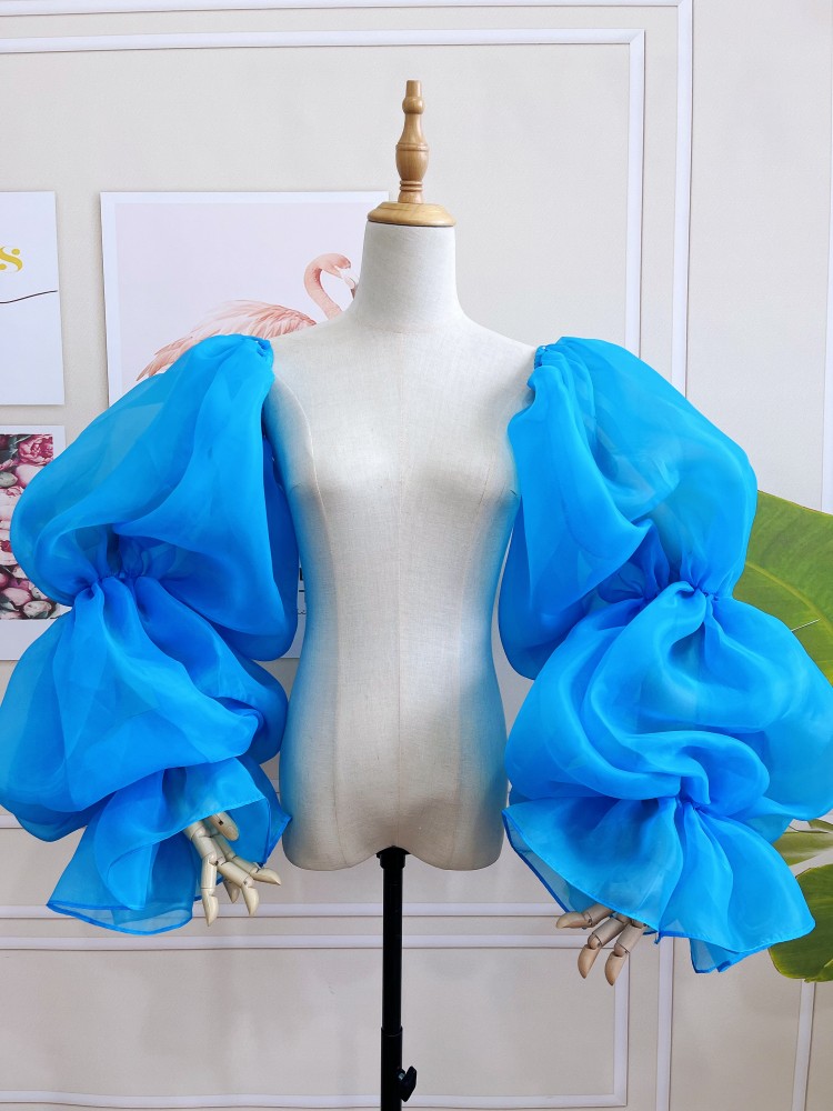 Sky Blue Organza Puffy Detachable Sleeves For Wedding Up And Down Party Translusent Elegant Full Length Gloves Dance Accessories
