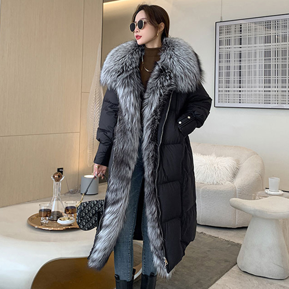 Nouveau manteau d'hiver femmes doudoune d'oie longue épaisse chaude surdimensionné réel col de fourrure de renard de luxe vêtements d'extérieur de mode Streetwear