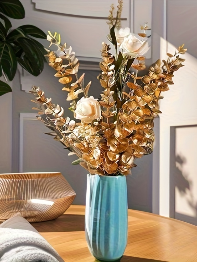 20 peças de hastes de eucalipto dourado, decoração de folhas de eucalipto artificial, galhos de eucalipto falso eucalipto com folhas falsas