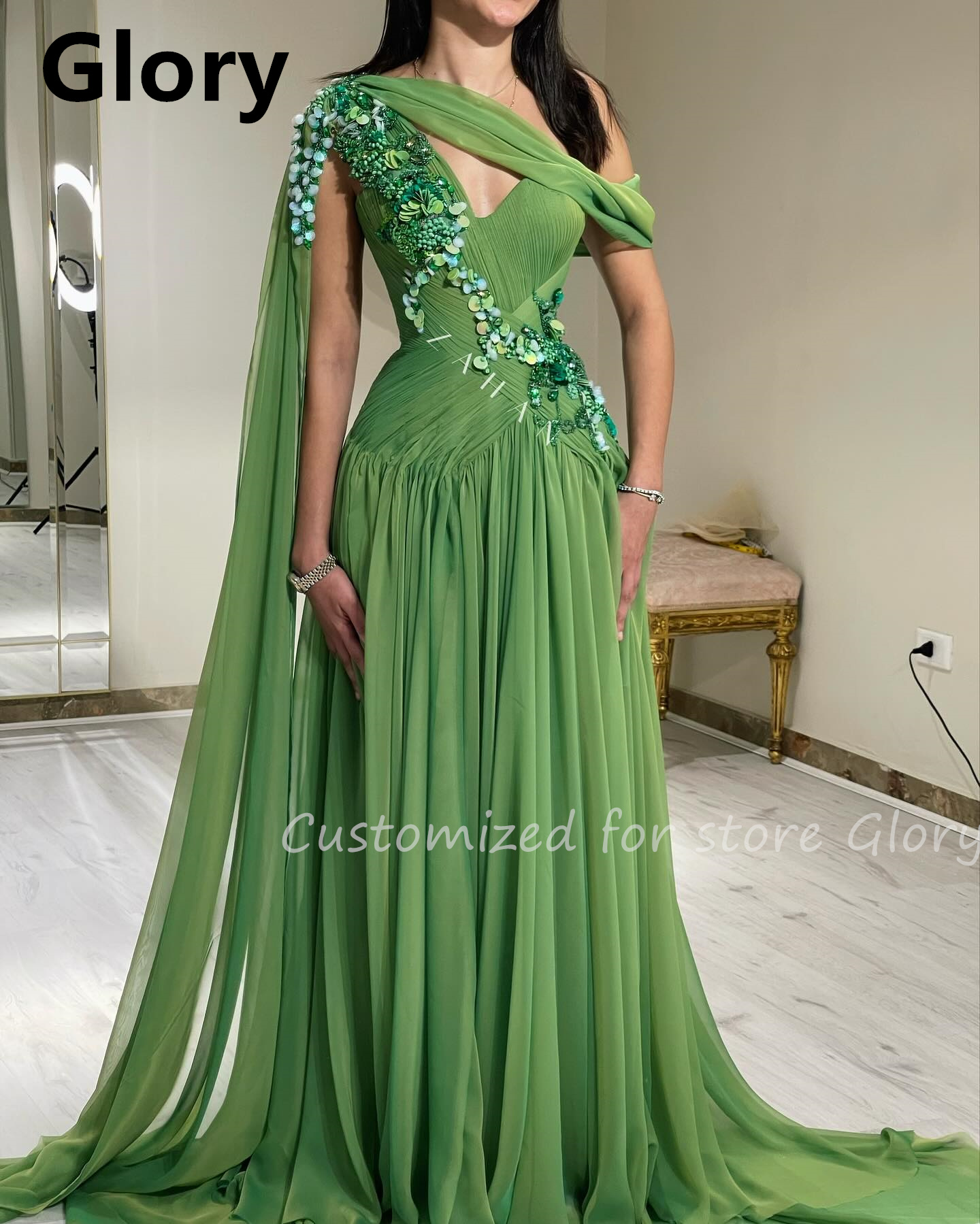 Groene Staaflijst Galajurken A-lijn Arabië V-hals Avondjurk Strapless Aangepaste Jurken Eén Schouder Bruiloft Jurk 2025