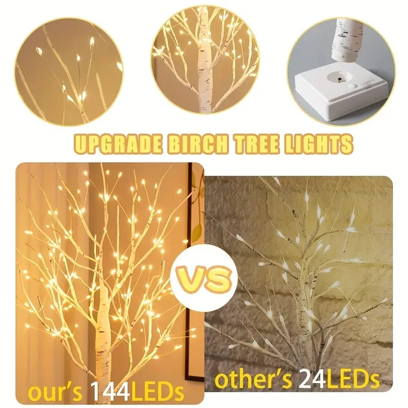 144 LED 자작 나무 나무 빛 따뜻한 흰색 USB 배터리 전원 휴일 장식 트리 크리스마스 할로윈 부활절 선물