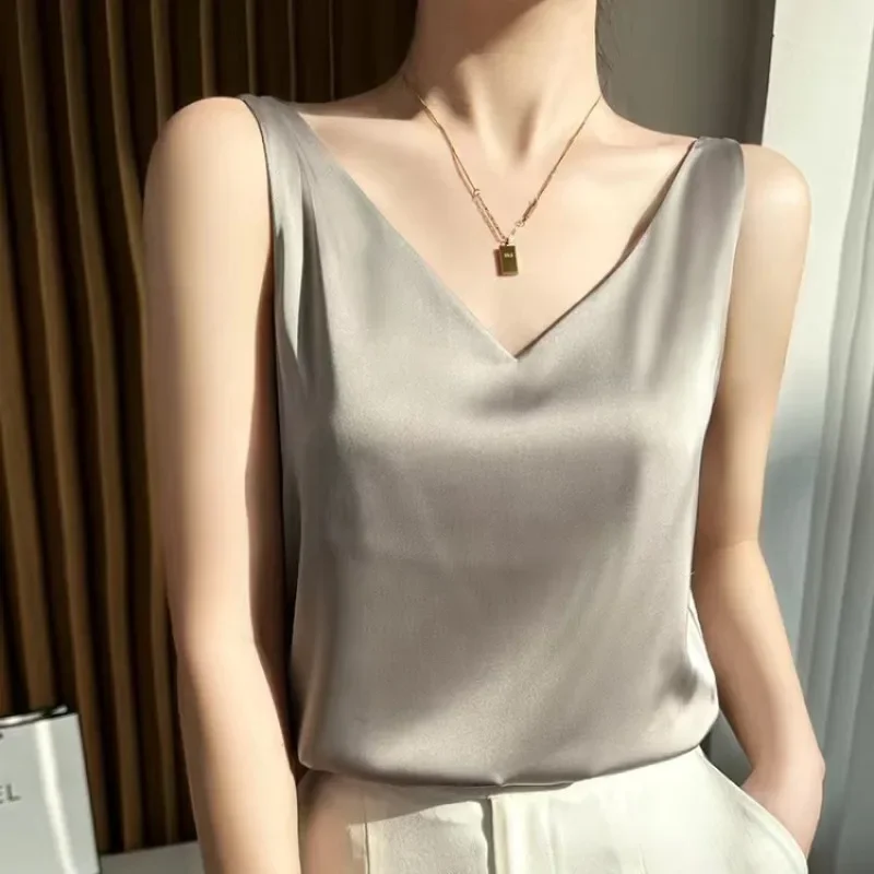 S-3XL Women Satin Silk Lace Summer Tank Tops Camis Vest Blouse Casual lady V-Neck Sleeveless Straps V-Neck Vest Shirt Female