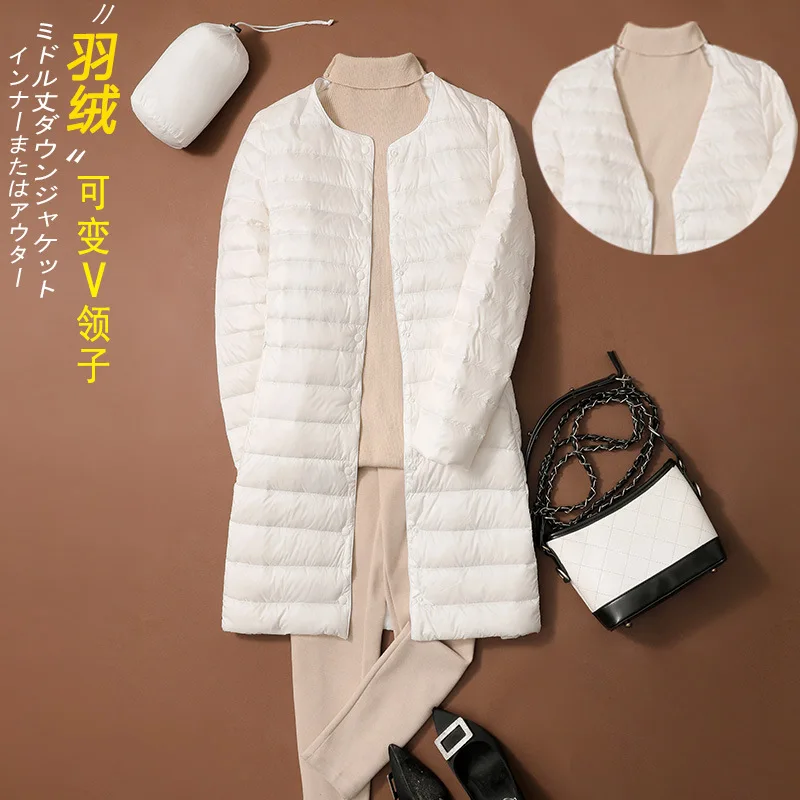 Chaquetas largas de plumón de pato para mujer, abrigo ultraligero, Parkas informales ajustadas negras de otoño ED2071
