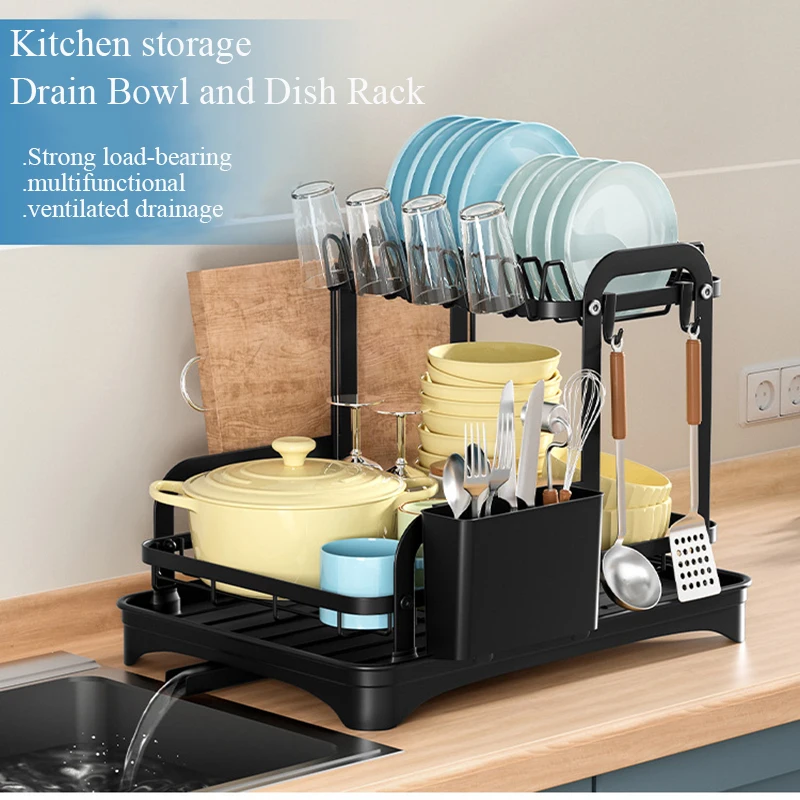 Organizzatore da cucina per scolapiatti a 2 livelli, scolapiatti, con cestello di scarico, ripiano per stoviglie, scolapiatti