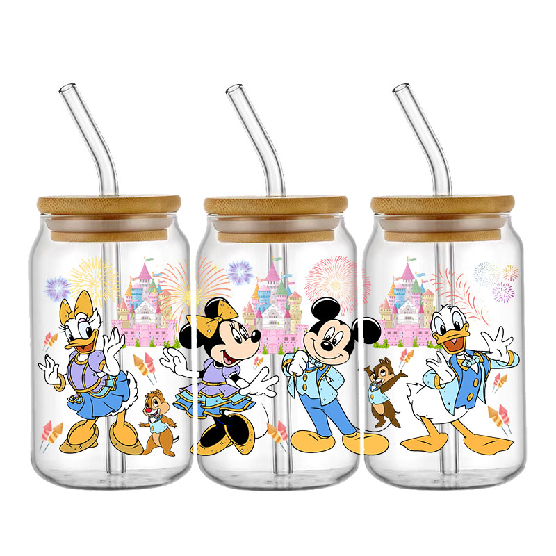 Mickey Minnie Cartoon Princess Winnie Little Bear Stitch High-Quality Wraps 16oz Glass Cup UV DTF Wrap Transfer Decals