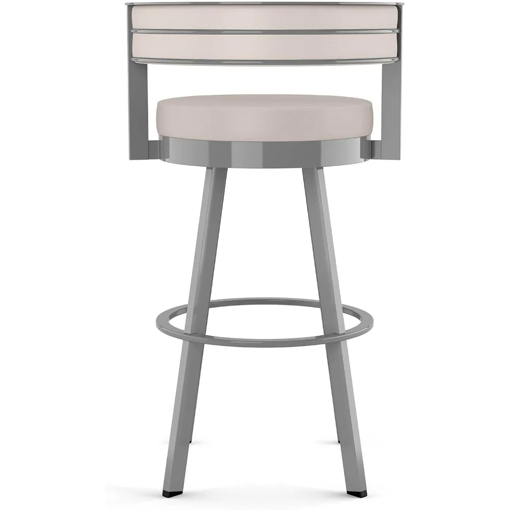 30 inch swivel bar stool with upholstered back, cream faux leather seat and glossy grey metal frame for kitchen island or bar
