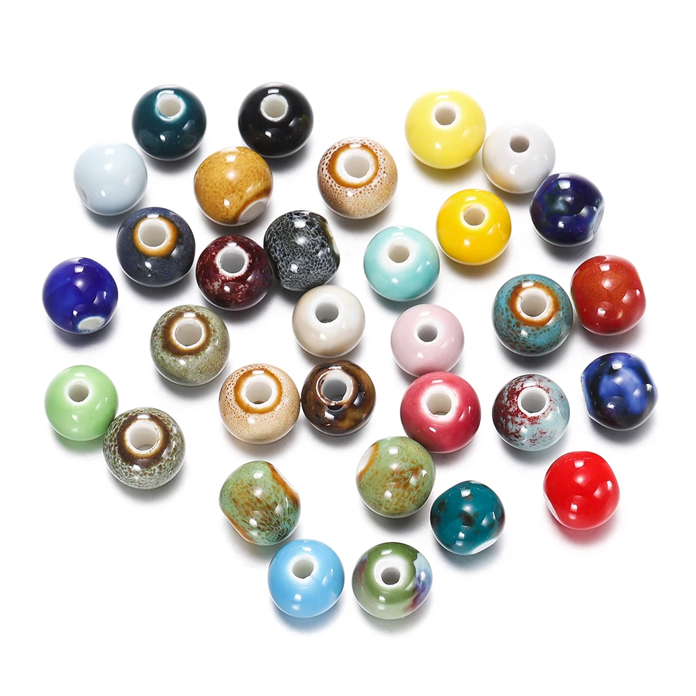 50 peças 6/8/10mm contas de cerâmica da moda buraco grande diy espaçador artesanal contas de porcelana redondas soltas para fazer jóias acessórios