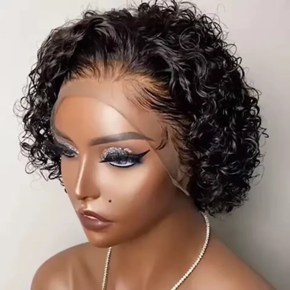 Pixie corte perucas de cabelo humano curto encaracolado frente do laço perucas de cabelo humano brasileiro 13x1 perucas de renda transparente onda de água bob peruca