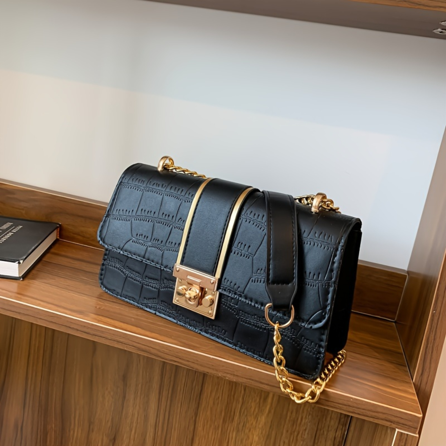Bolsa de ombro feminina pequena quadrada elegante – Padrão de crocodilo chique, couro PU compacto – Bolsa crossbody elegante