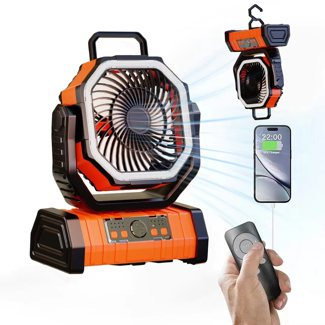 Wentylator na baterie 20000 mAh Przenośny, ładowalny wentylator biurkowy/kempingowy z oświetleniem LED i haczykiem Wentylator zewnętrzny do podróży namiotem samochodem