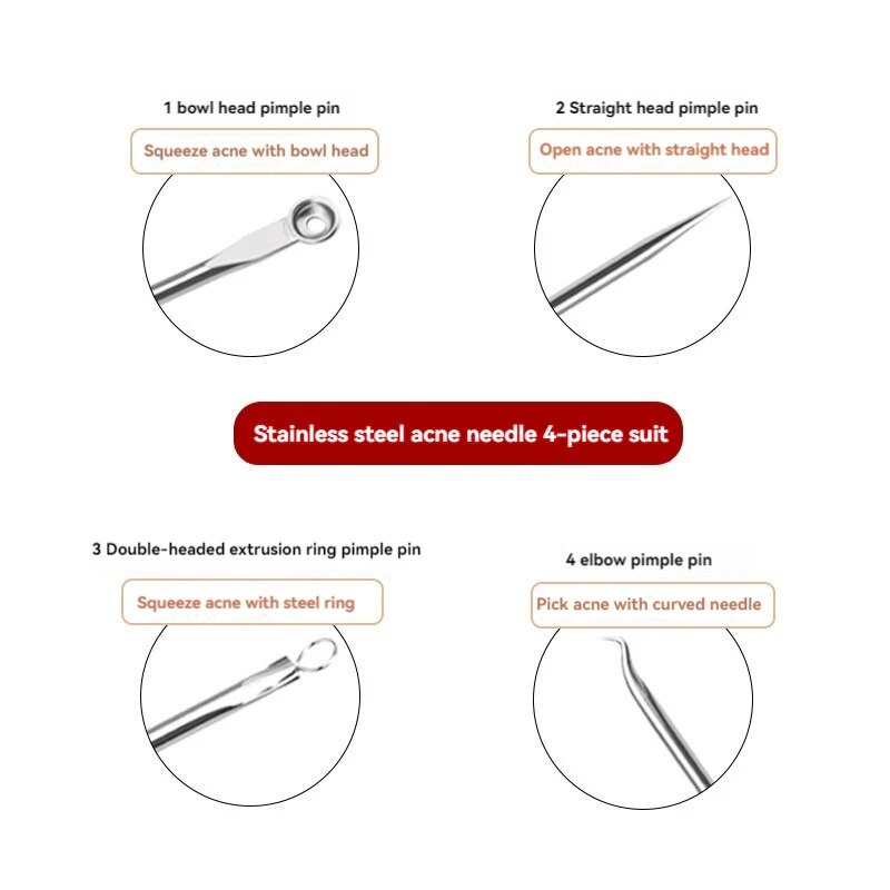 Ago di bellezza in acciaio inossidabile Ago per acne Ago per rimozione dell'acne a doppio scopo Rimozione dell'acne Strumenti di bellezza per l'acne Pin per brufoli Set da 4 pezzi