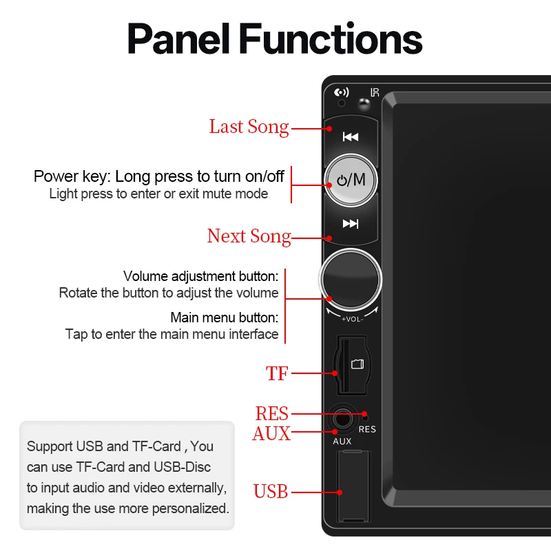 Hippcron 7 polegada rádio do carro 2din hd tela de toque mp5 player bluetooth 12v fm iso potência aux entrada espelho link multimídia player
