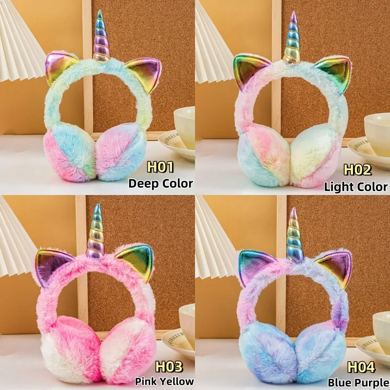 Orejeras térmicas de unicornio coloridas y cálidas para niños y niñas, cubierta de orejas de piel teñida con lazo, orejeras de gato esponjosas de felpa suave para esquiar y nieve