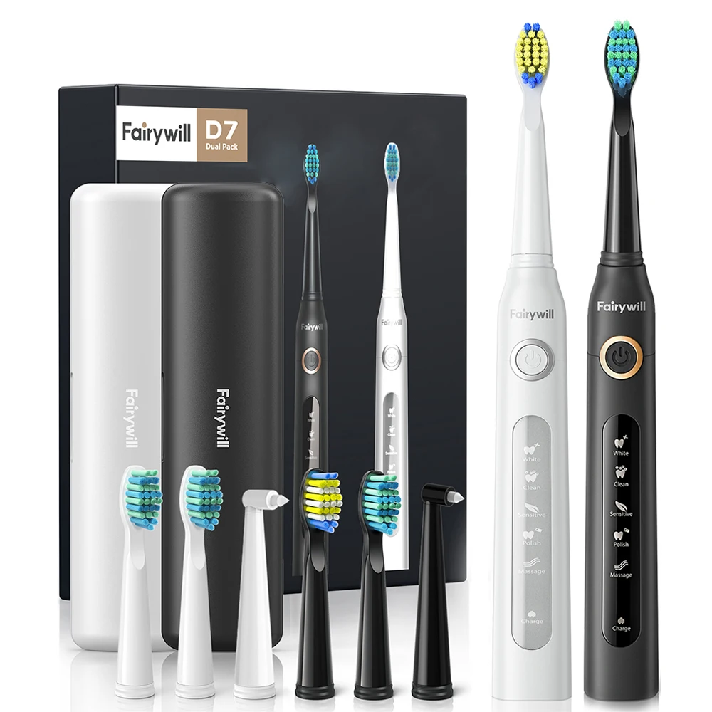 Fairywill Sonic Elektrische Zahnbürste FW-D7 Set USB-Lade-Zahnbürstenetui für Erwachsene mit Zahnbürstenköpfen 5-Modus Smart Time