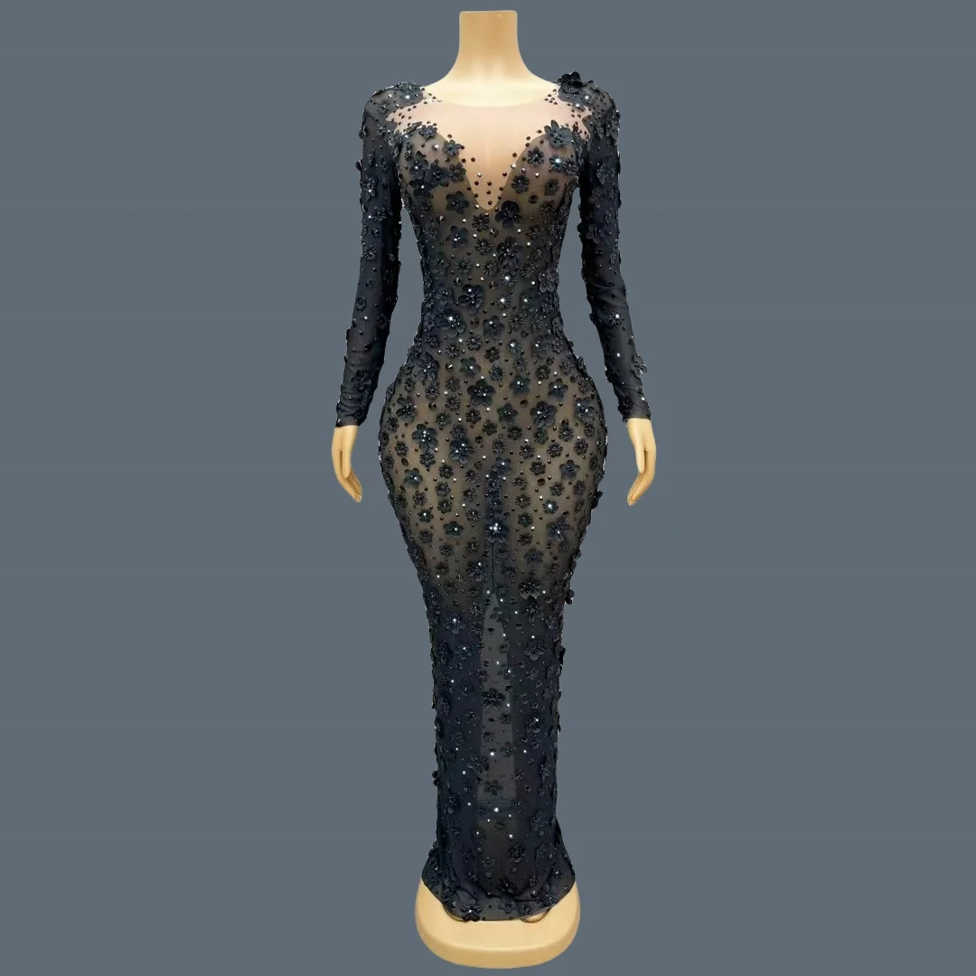 Brilho strass preto vestido de noite pura malha apertada flor vestido longo elegante festa misteriosa sexy vestido feminino cunjie