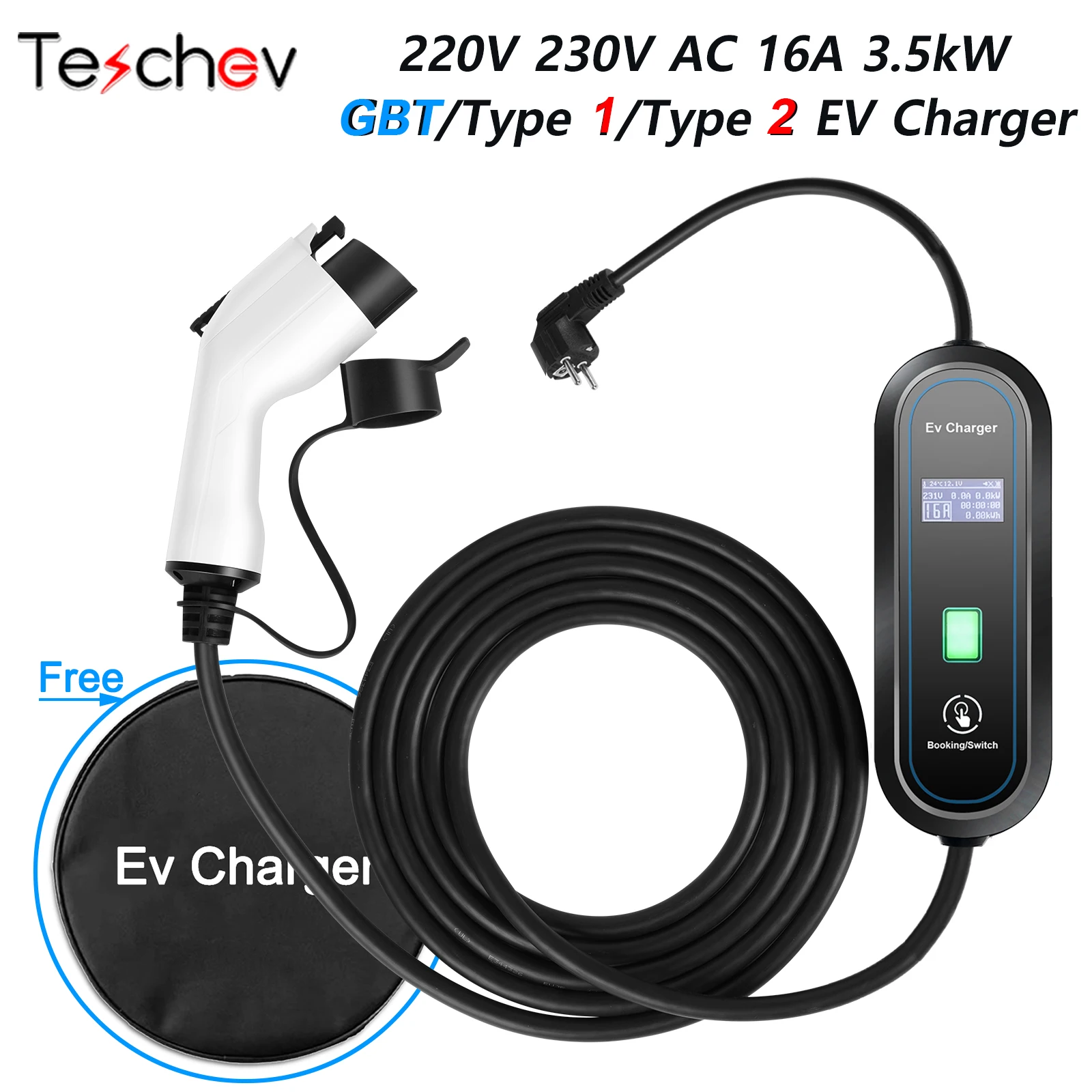 Teschev 220V Cấp 2 Di Động 3.5kW EV Sạc J1772 Loại 1 16A Điều Chỉnh Xe Ô Tô Điện Loại 2 Cáp Sạc cho Lá Kia Tesla