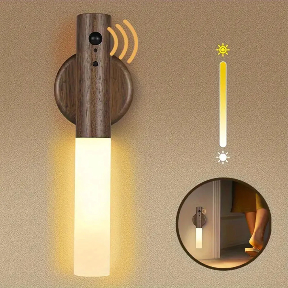 Apliques de pared recargables, luces de pared magnéticas, luz nocturna con Sensor de movimiento, luces nocturnas, iluminación de pared de madera para escalera de dormitorio
