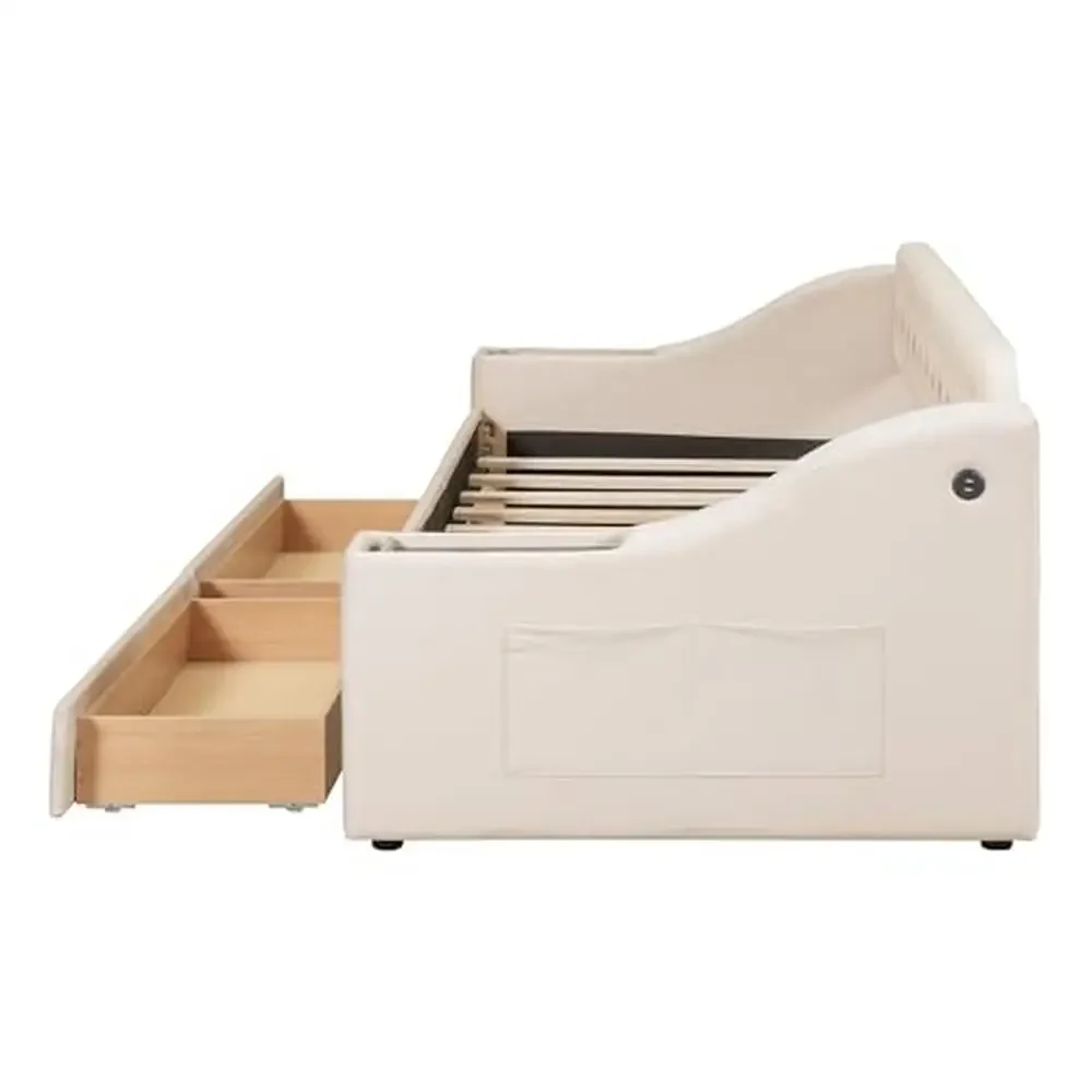 Twin Size Upholstered Daybed with USB Port Storage Drawers and Elegant Design