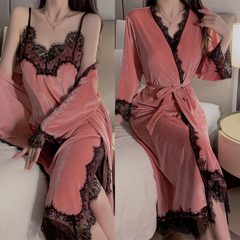 Frauen Warme Velours Homewear Rosa Bademantel Set Cami Nachtwäsche Winter Robe Anzug Loungewear Sexy Nachthemd Lange Kimono Robe