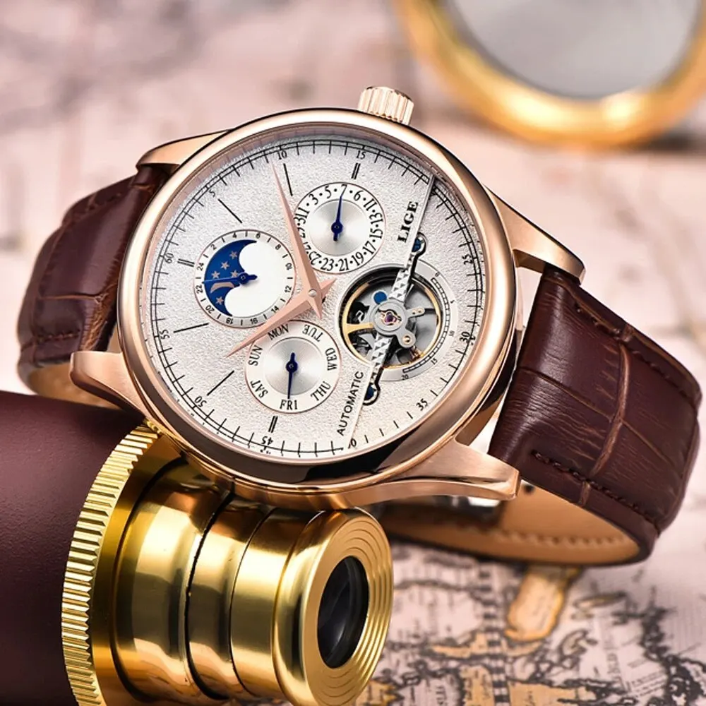 Lige นาฬิกาผู้ชายอัตโนมัตินาฬิกา Tourbillon หนังแท้กันน้ำนาฬิกาข้อมือทหารผู้ชาย