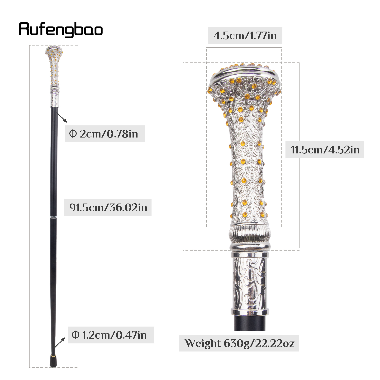 Bastão de bengala de diamante artificial amarelo branco, bengala decorativa de moda, Cosplay elegante cavalheiro, 92cm