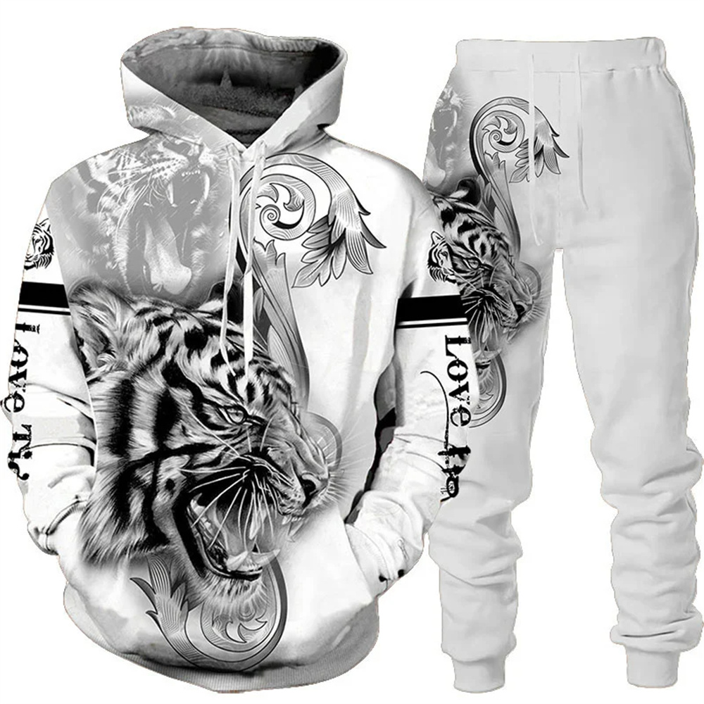 Trainingsanzug für Herren, Tier-3D-Tiger-bedruckt, Kapuzenpullover + Hosenanzug, 2-teilig, Sportbekleidung, Herren-Trainingsanzug-Set, Herrenbekleidung, Designer-Kleidung für Herren