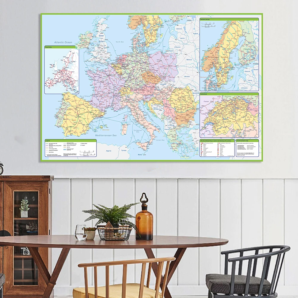 225*150Cm Trong Châu Âu Chính Trị Và Tuyến Giao Thông Bản Đồ Treo Tường Poster Không Dệt Tranh Canvas Đồ Dùng Học Tập lớp Học Trang Trí Nhà