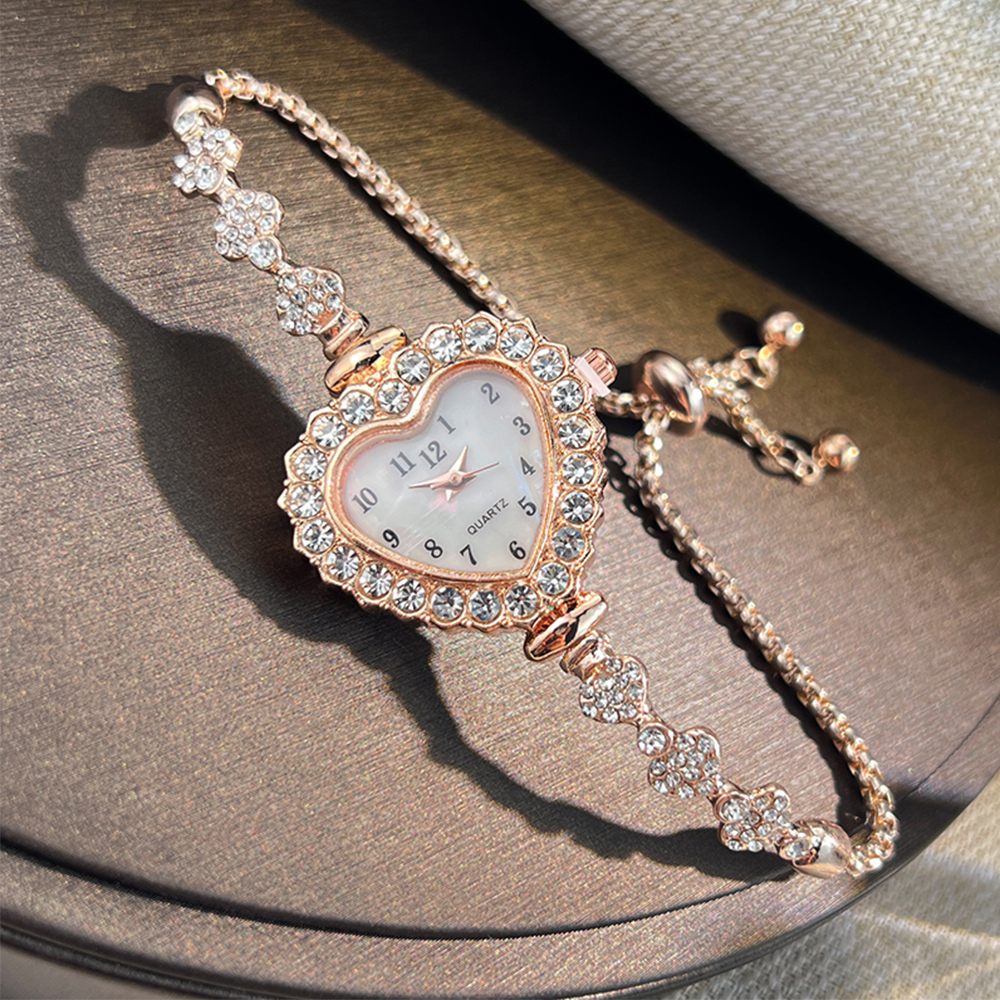 Nova moda em forma de coração pulseira de fita cravejada de diamantes relógio de flor para mulheres com pulseira ajustável