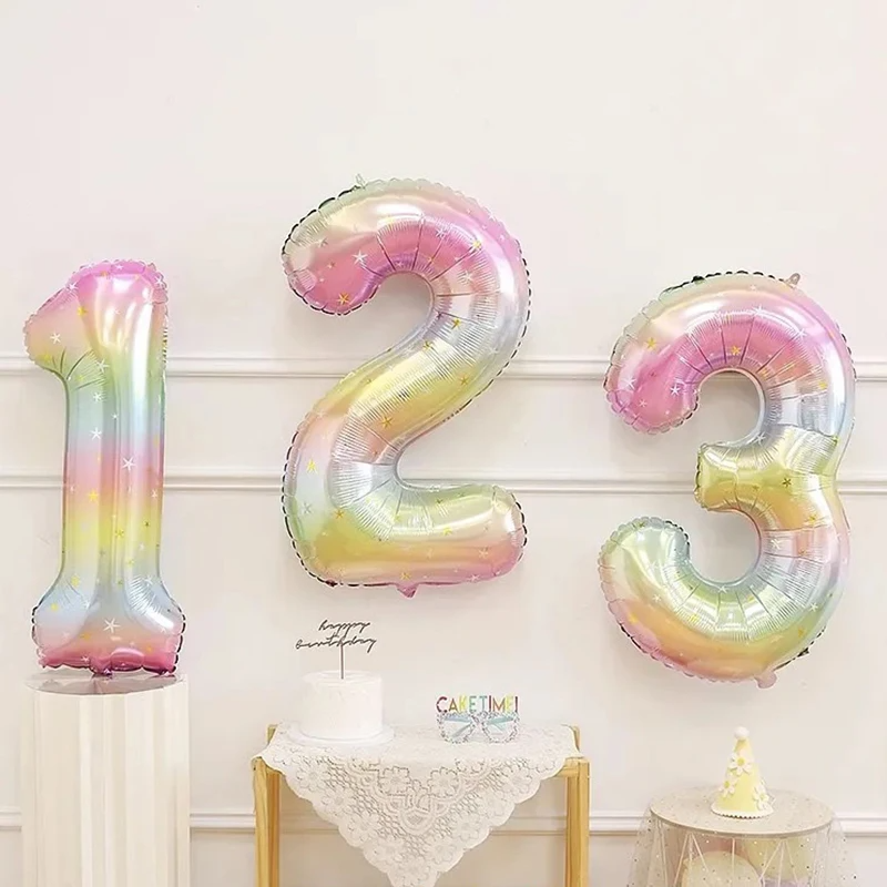 1pc 40inch Pastel Rainbow Number Foil Balloons Star Sky Gradient Digital Balloon Kids Birthday Party Decorations Helium Ball